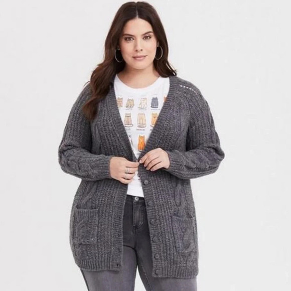 Torrid plus size 2 2X Gray Cable Cardigan Sweater Grandpa Grey Wool Blend Cozy - Picture 1 of 8